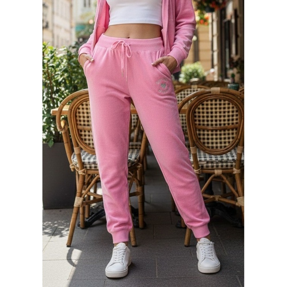Juicy Couture Velour Track Pants Women's M Pink Rhinestone Drawstring Loungewear